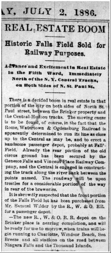 Newspaper clipping: Real Estate Boom.  Historic Falls Field Sold for Railway Purposes.