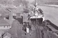 The Ontario No. 1 prepared to load coal cars.  Note the switch in the track on the apron and the round steel weights with which the apron was raised and lowered.